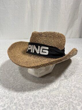 PING Golf Straw Hat USA Made L Embroidered Band Vintage Sun Fedora Mesh Karsten